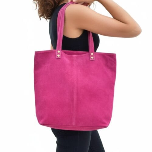 Suede Shopper Alena fuchsia ruime leren handtassen italiaans suede kopen bestellen model