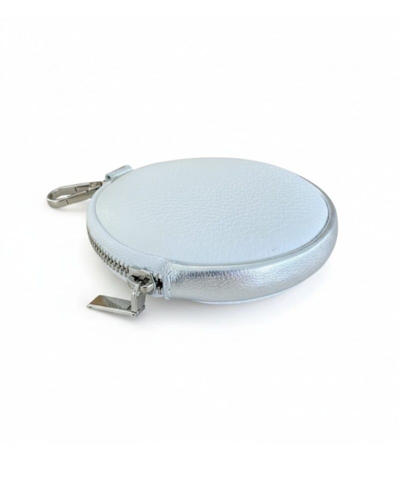 Witte Leren Ronde Portemonnee Zilver Rand-wit-zilver-zilveren-metallic-ronde-portemonneetjes-tas-hanger-giuliano-kopen-bestellen