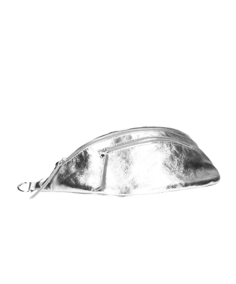 Zilver Metallic Leren Heuptas Tyler zilveren leer heuptassen twee voorvakken met zilveren rits festival tassen bumbags kopen bestellen 1