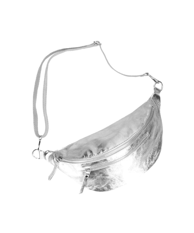Zilver Metallic Leren Heuptas Tyler zilveren leer heuptassen twee voorvakken met zilveren rits festival tassen bumbags kopen bestellen
