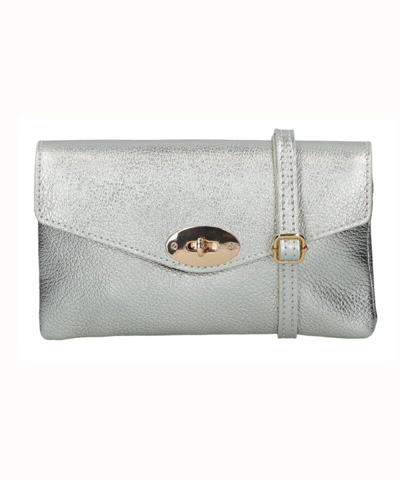 Zilveren Schoudertas Miley Metallic zilver zilveren crossbody tassen draaislot metallic leer tassen kopen bestellen