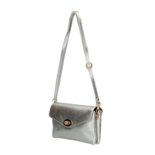 Zilveren Schoudertas Miley Metallic zilver zilveren crossbody tassen draaislot metallic leer tassen kopen bestellen zij