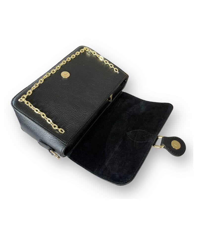 Zwarte Leren Schoudertas Ketting detail zwart stevige look a like schoudertassen gouden ketting detail trendy italiaans leder kopen bestellen open