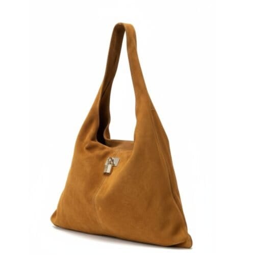 cognac Suede Hobo Tas Gold Lock ruime suede leren schoudertassen boho kopen bestellen