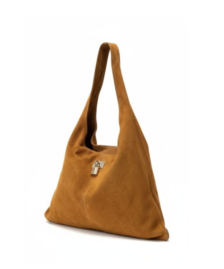 cognac Suede Hobo Tas Gold Lock ruime suede leren schoudertassen boho kopen bestellen