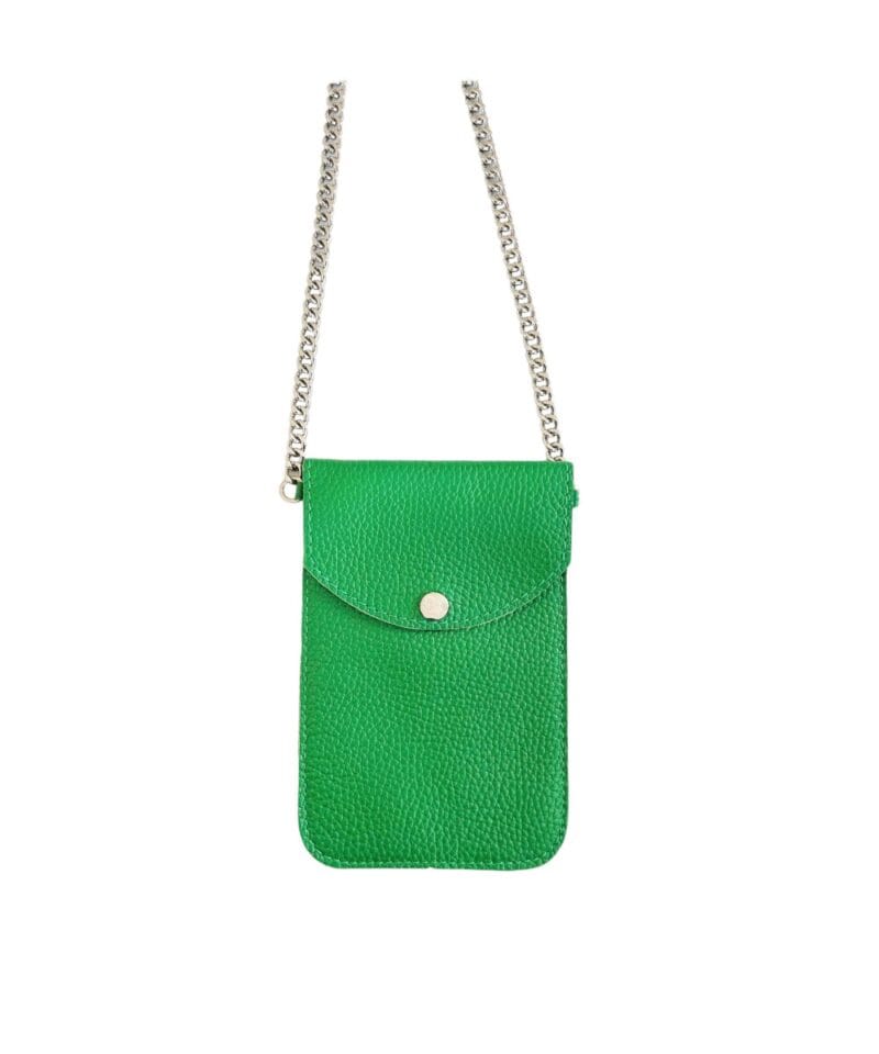 Leren Telefoontasje Simpel Chain groen groene leren telefoon tasjes met zilveren Kettinghengsel kleine schoudertassen kopen bestellen