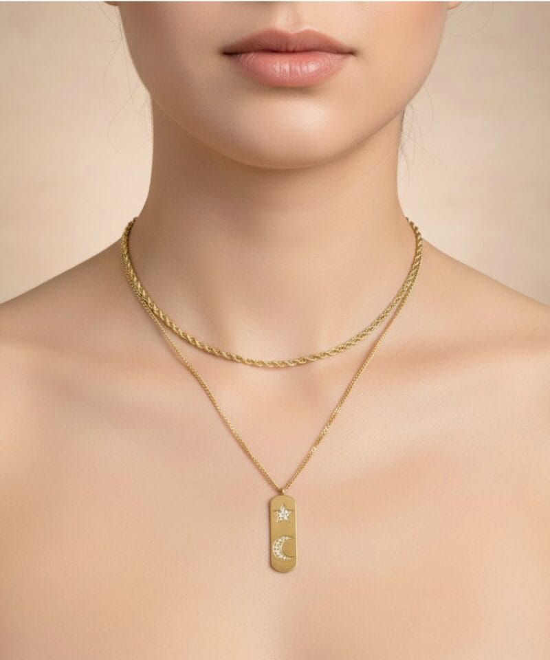 goud RVS Ketting Ster & Maan gouden dubbele ketting met grote bedel dames kettingen sieraden waterbestendige kopen bestellen nu model