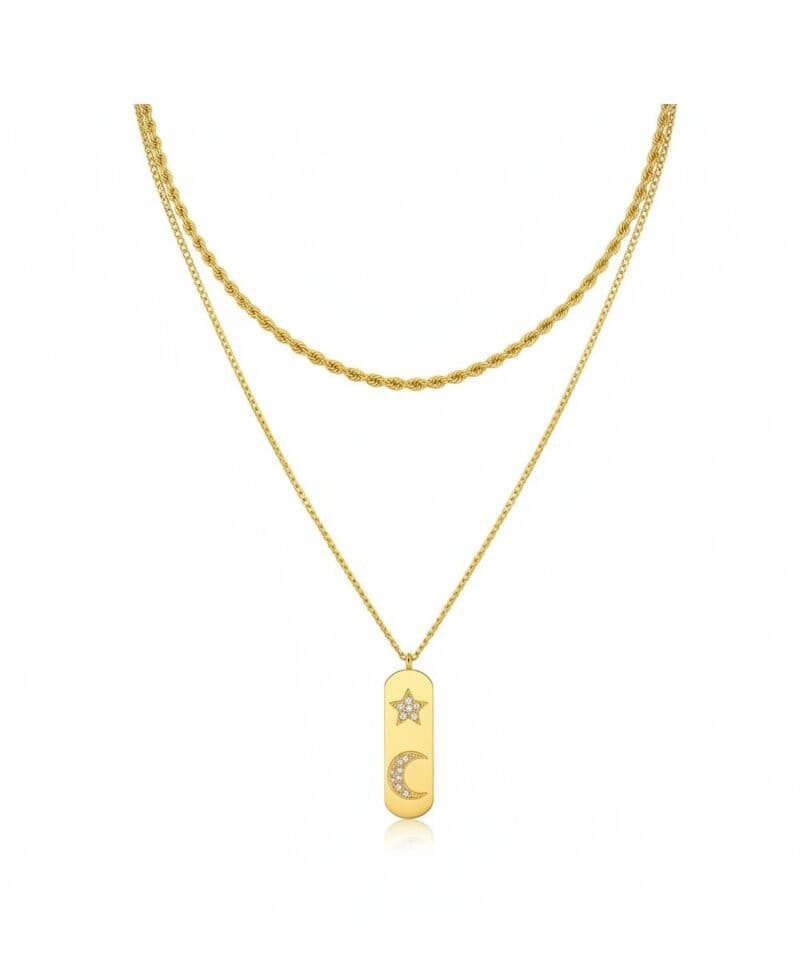 goud RVS Ketting Ster & Maan gouden dubbele ketting met grote bedel dames kettingen sieraden waterbestendige kopen bestellen nu(1)