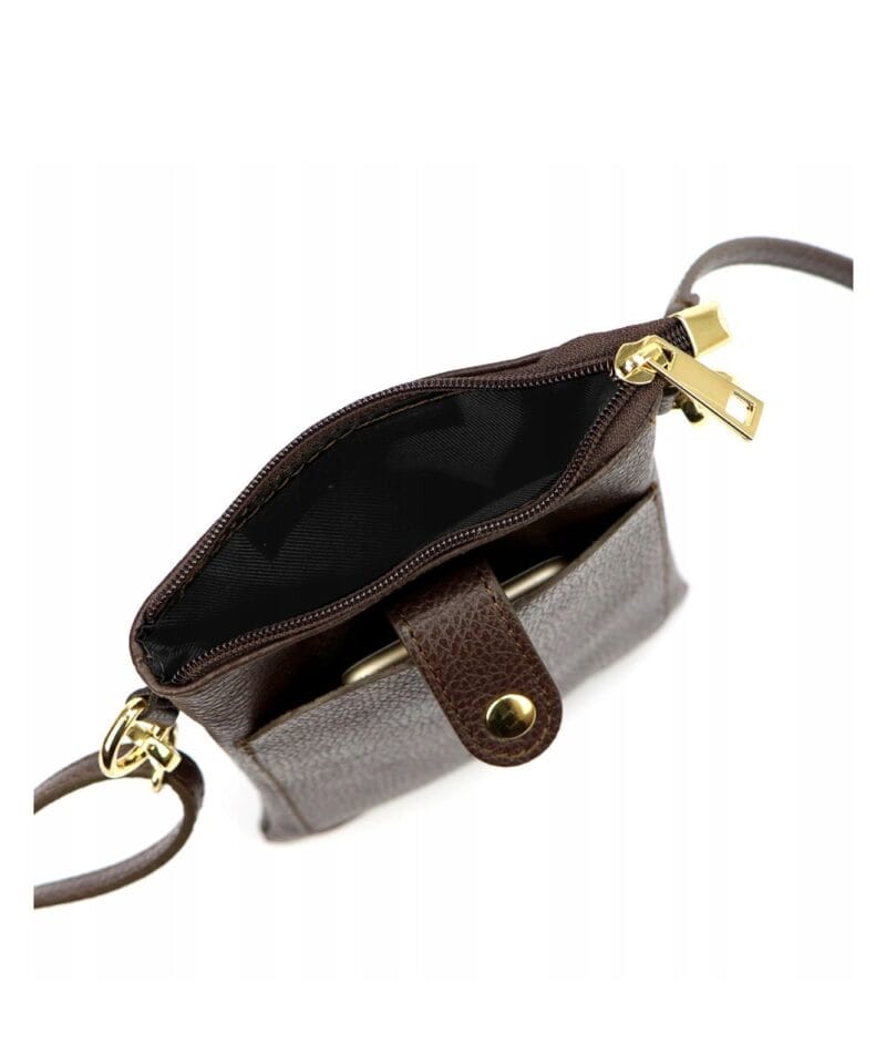 leren Schoudertas Sensi donker bruin bruine met goud leer crossbodytas telefoontasjes tasjs goud beslag voorvak kopen bestellen open