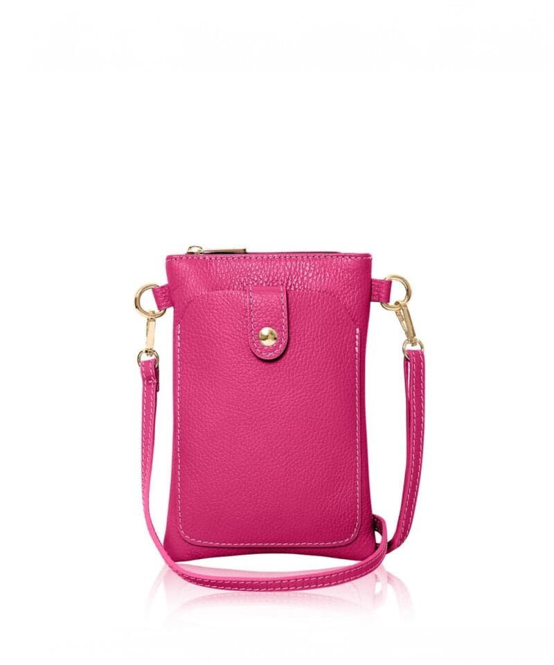 leren Schoudertas Sensi fuchsia met goud leer crossbodytas telefoontasjes tasjs goud beslag voorvak kopen bestellen