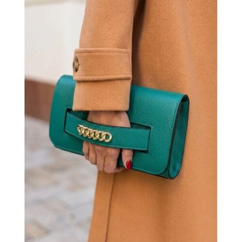 pavone Leren Schoudertas Gold Chain petrol leren schoudertassen clutches gouden details kettinghengsel italiaans leder model