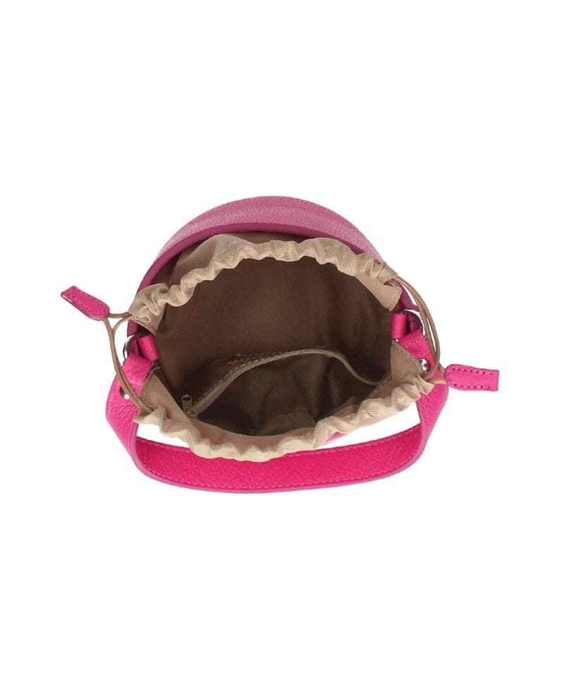 ronde Leren Bucket Tas barbie roze fuchsia ronde leren schoudertassen trekkoord unieke leren tassen kopen bestellen bovenkant