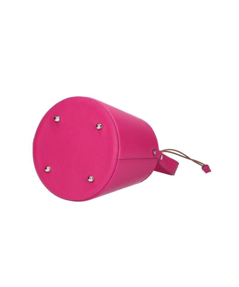 ronde Leren Bucket Tas barbie roze fuchsia ronde leren schoudertassen trekkoord unieke leren tassen kopen bestellen onderkant