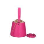 ronde Leren Bucket Tas barbie roze fuchsia ronde leren schoudertassen trekkoord unieke leren tassen kopen bestellen zijkant