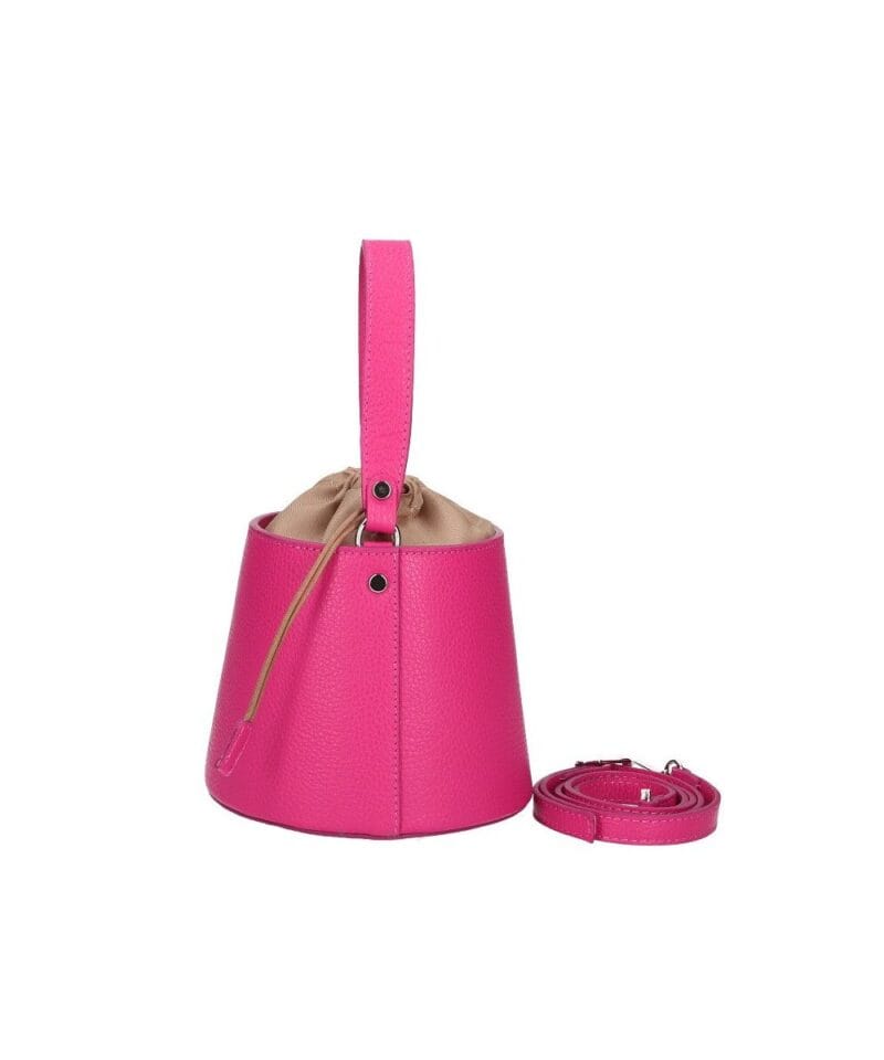 ronde Leren Bucket Tas barbie roze fuchsia ronde leren schoudertassen trekkoord unieke leren tassen kopen bestellen zijkant