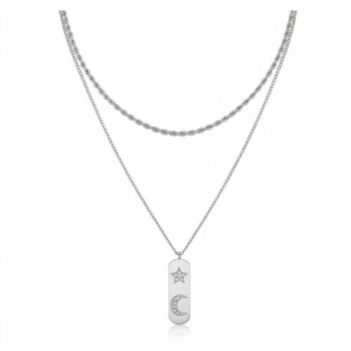 zilver RVS Ketting Ster & Maan zilveren dubbele ketting met grote bedel dames kettingen sieraden waterbestendige kopen bestellen