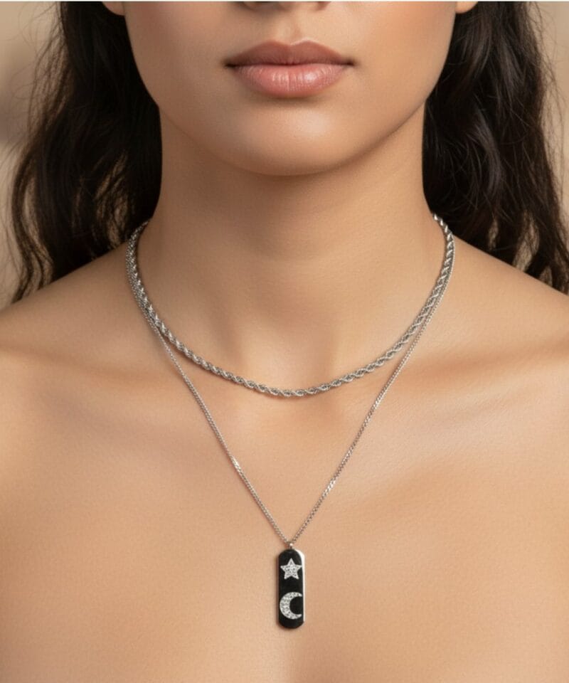 zilver RVS Ketting Ster & Maan zilveren dubbele ketting met grote bedel dames kettingen sieraden waterbestendige kopen bestellen nu(1)
