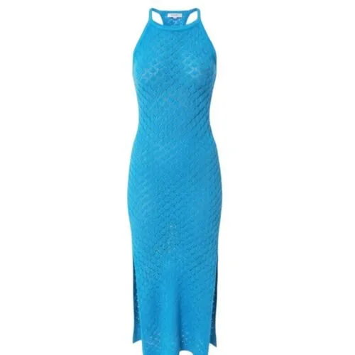 Blauwe Gehaakte Halter Jurk baby blauw dames jurken dootzichtig beach boho fashion-jurk kopen bestellen -Photoroom