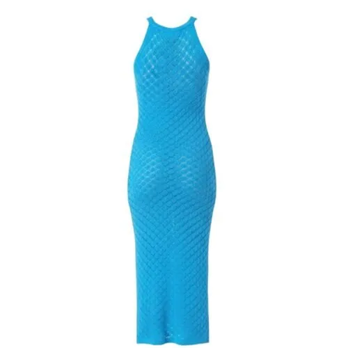 Blauwe Gehaakte Halter Jurk baby blauw dames jurken dootzichtig beach boho fashion-jurk kopen bestellen achter-Photoroom