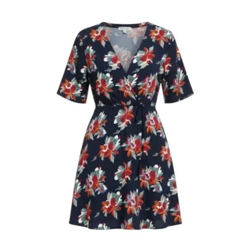 Blauwe Jurk Happy Flowers trendy dames jurken blauwe bloemenprint v hals mini fashion jurken kopen bestellen -Photoroom