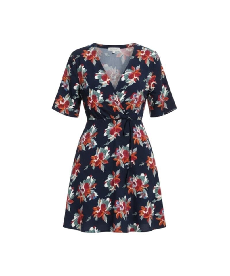 Blauwe Jurk Happy Flowers trendy dames jurken blauwe bloemenprint v hals mini fashion jurken kopen bestellen -Photoroom