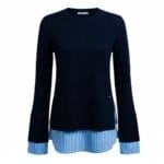 Blauwe-Sweater-Hemd-donker-blauwe-dames-truien-met-gestreept-hemd-detail-onder-trui-sweater-winter-kleding-werk-online-fashion-kopen-online-