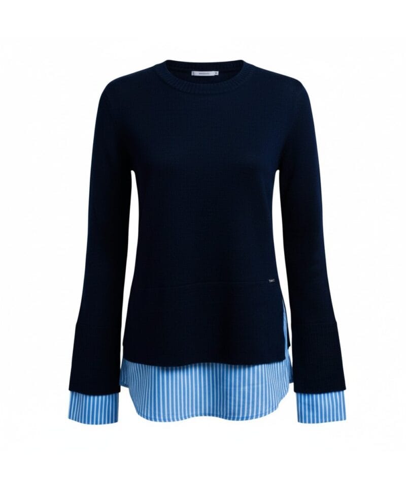 Blauwe-Sweater-Hemd-donker-blauwe-dames-truien-met-gestreept-hemd-detail-onder-trui-sweater-winter-kleding-werk-online-fashion-kopen-online-