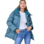 Blauwe gewatteerde Winterjas halflange warme dikke dames jassen rits zakken trendy jassen kopen bestellen-Photoroom