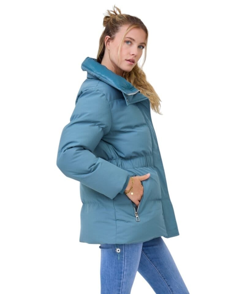 Blauwe gewatteerde Winterjas halflange warme dikke dames jassen rits zakken trendy jassen kopen getaillieerd-Photoroom