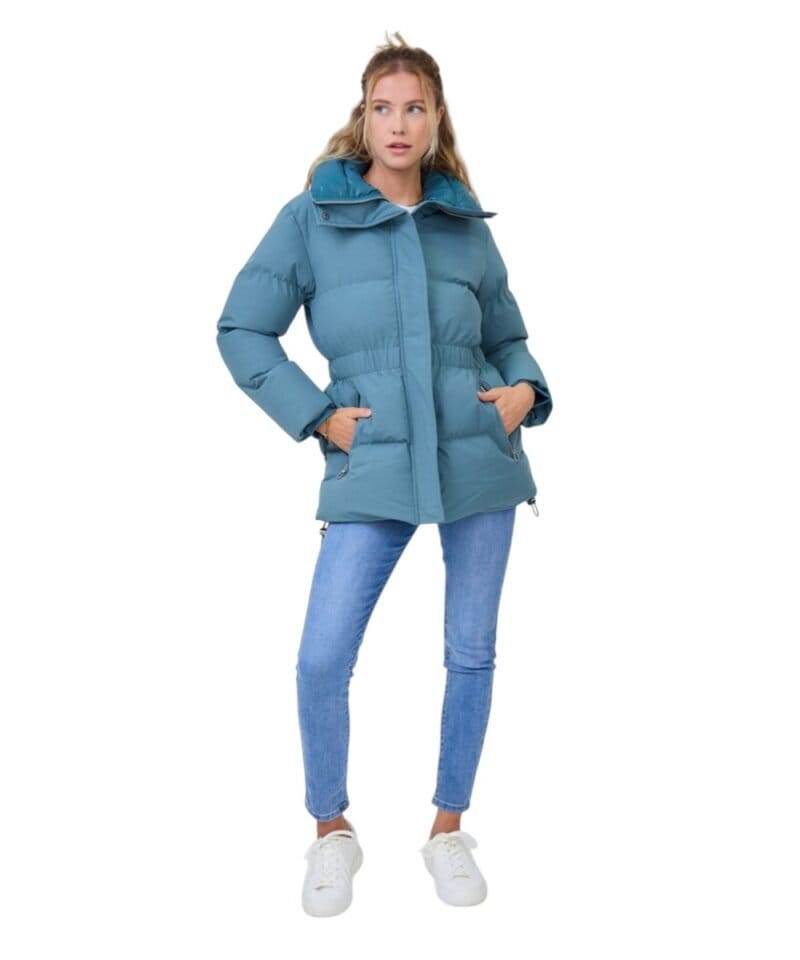 Blauwe gewatteerde Winterjas halflange warme dikke dames jassen rits zakken trendy jassen kopen kopen-Photoroom