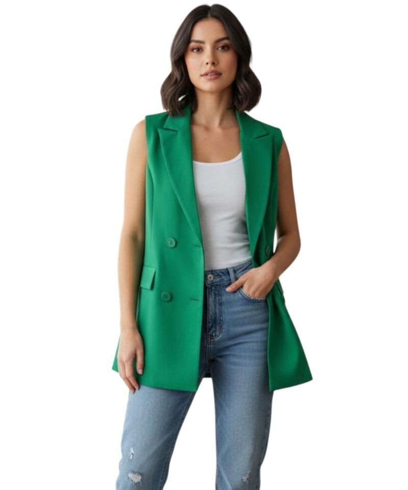 Blazer Summer groen groene lange mouwloze zonder mouwen blazer 4 knopen trendy fashion kleding blazerdress blazerjurk kopen bestellen model-Photoroom