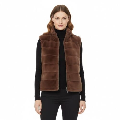 Body Warmer Faux Fur bruin bruine korte zachte warme bodywarmers vegan fur rits vesten winter musthaves model