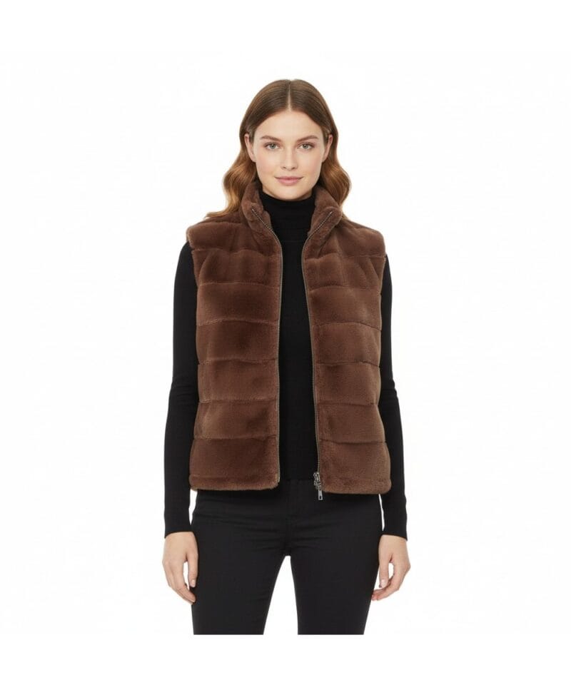 Body Warmer Faux Fur bruin bruine korte zachte warme bodywarmers vegan fur rits vesten winter musthaves model