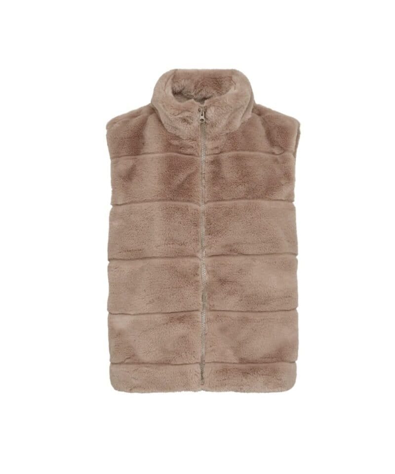 Body Warmer Faux Fur taupe korte zachte warme bodywarmers vegan fur rits vesten winter musthaves