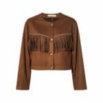 Bruin Suedine Jasje Fringe bruine korte dames jasjes vesten met gouden knopen en franjes suede feel trendy kleding dames kopen bestellen fashion