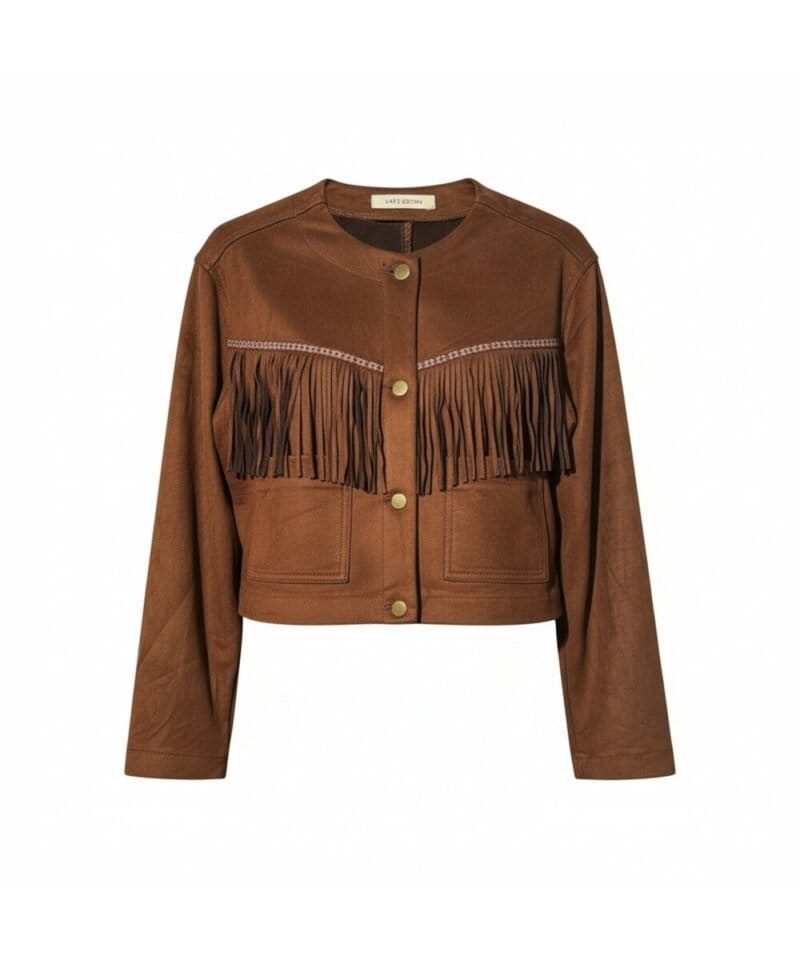 Bruin Suedine Jasje Fringe bruine korte dames jasjes vesten met gouden knopen en franjes suede feel trendy kleding dames kopen bestellen fashion