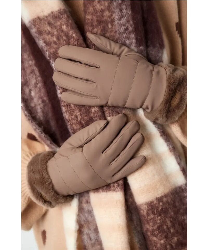 Bruin gewatteerde handschoenen Bont bruine dames handschoen warm winter accessoires yehwang kopen bestellen detail