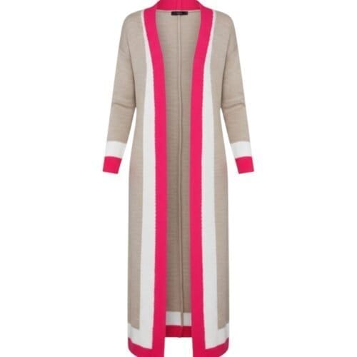 Colorblock Vest Lisa fuchisia grijs beige lange open dames vesten geblokte print trendy fashion kleiding kopen bestellen -Photoroom