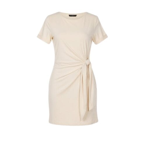 Creme Jurk Strik Detail creme beige korte dames jurken katoen zomer jurkjes getailleerd bestellen-Photoroom