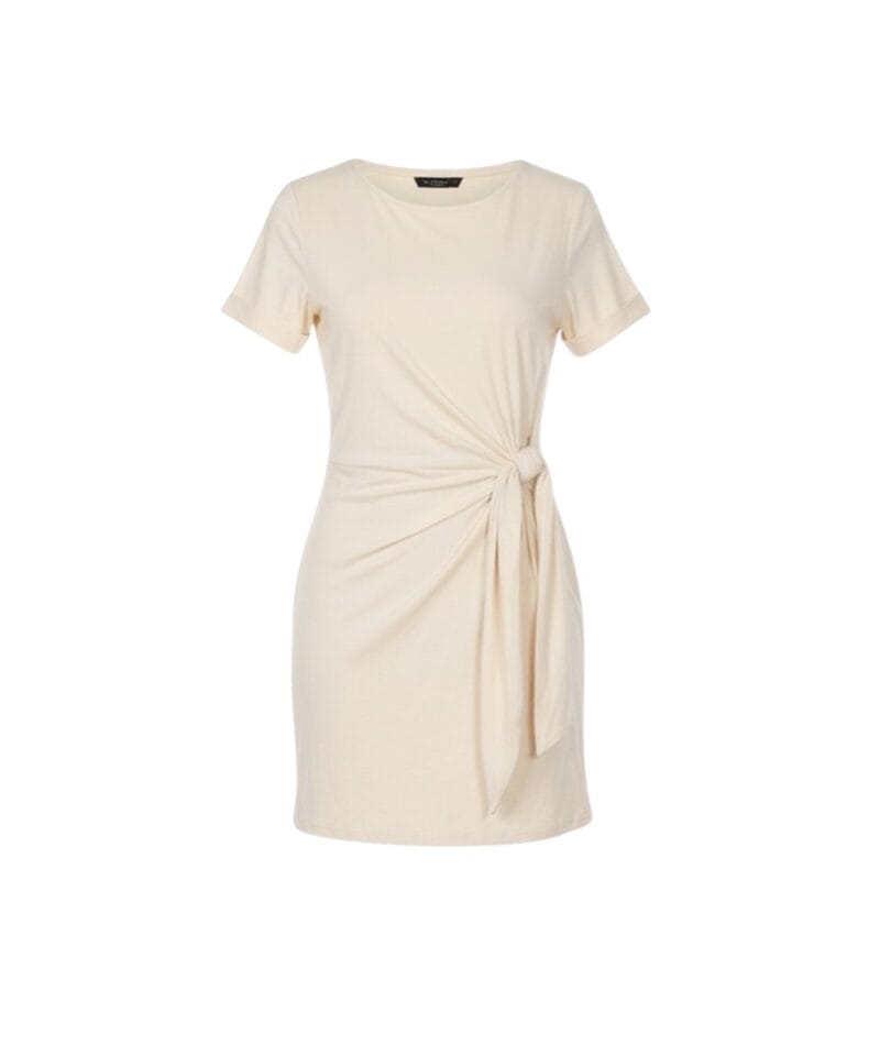 Creme Jurk Strik Detail creme beige korte dames jurken katoen zomer jurkjes getailleerd bestellen-Photoroom