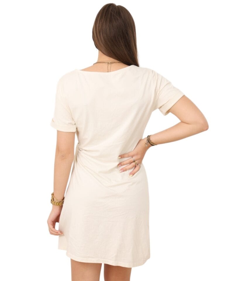 Creme Jurk Strik Detail creme beige korte dames jurken katoen zomer jurkjes getailleerd kopen bestellen achter-Photoroom