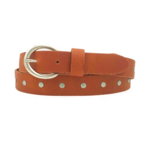 Dunne Leren Riem Zilveren Studs Cognac-Leren-Riem-Zilveren-Studs-leer-riemen-zilver-beslag-trendy-chique-ceinturen-kopen-bestellen-1