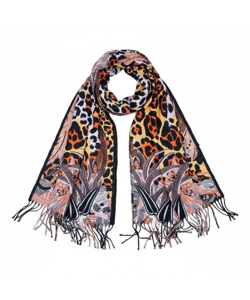 Duo-Sjaal-Colorful-Paradise-oranje-geel-gele-1-kant-multi-gekleurde-sjaal-andere-kant-zwarte-sjaal-winter-musthaves-giuliano-sjaals-omslagdoeken-1-Photoroom