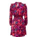 Fuchsia Jurk FLowers paarse mint bloemen print ruches jurken laagjes trendy kleding mini jurken kopen bestellen b achter-Photoroom