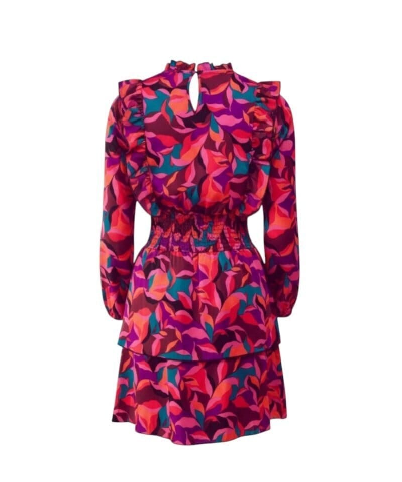 Fuchsia Jurk FLowers paarse mint bloemen print ruches jurken laagjes trendy kleding mini jurken kopen bestellen b achter-Photoroom