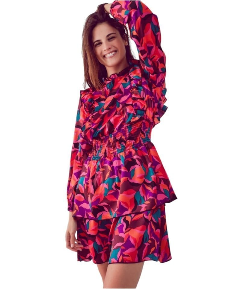 Fuchsia Jurk FLowers paarse mint bloemen print ruches jurken laagjes trendy kleding mini jurken kopen bestellen b model-Photoroom
