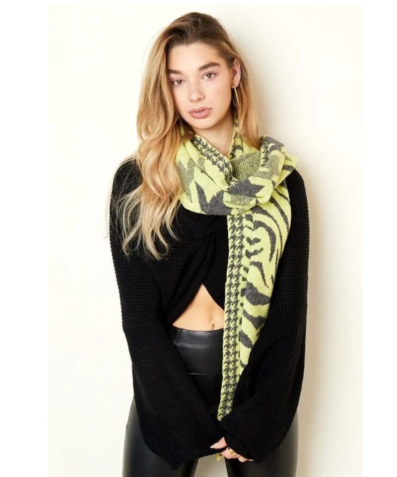 Gele Combi Print Wintersjaal geel zwarte tijger print winter sjaals omslagdoeken yehwang kopen bestellen details
