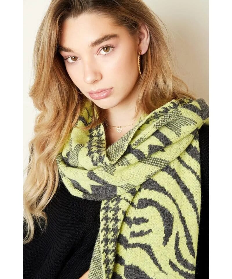 Gele Combi Print Wintersjaal geel zwarte tijger print winter sjaals omslagdoeken yehwang kopen bestellen details1