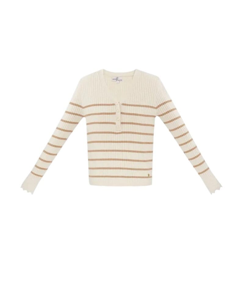 Gestreepte trui v hals taupe beige trendy dames truien lange mouwen kopen bestellen yehang-Photoroom