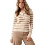 Gestreepte trui v hals taupe beige trendy dames truien lange mouwen kopen bestellen yehang details-Photoroom